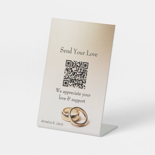 Wedding QR Pedestal Sign – Elegant Gold Rings Reclamebord Met Voetstuk (Voorkant)