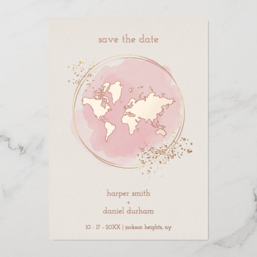 Wedding Real Rose Gold Effect World Map Folie Uitnodiging (Voorkant)