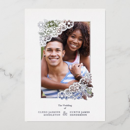 Wedding Real Silver Effect Fancy Overlay Floral Folie Uitnodiging (Voorkant)