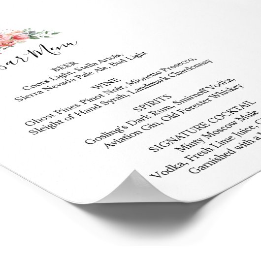 Wedding Receptie Bar Menu Roze Bloemen Script Poster (Hoek)