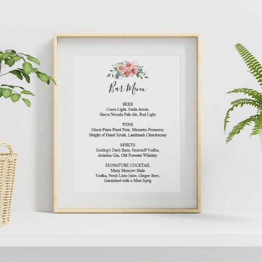Wedding Receptie Bar Menu Roze Bloemen Script Poster