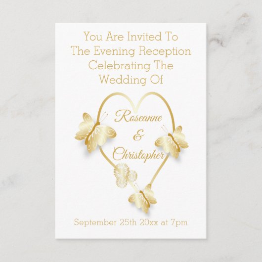 Wedding Reception Gold Coloured Heart Butterfly Informatiekaartje (Voorkant)