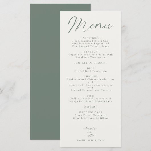 Wedding Reception Menu Elegant Script Sage Green (Voorkant / Achterkant)