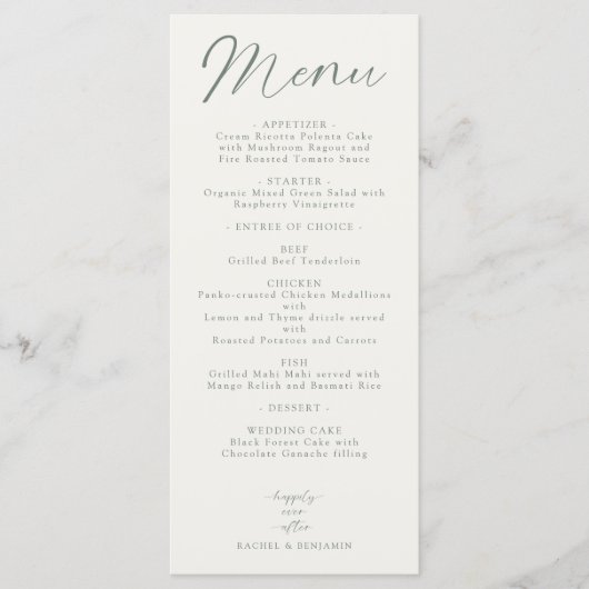 Wedding Reception Menu Elegant Script Sage Green (Voorkant)