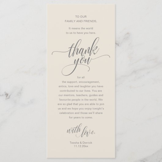Wedding Reception Place Setting Thank You Card Programmakaart (Voorkant)