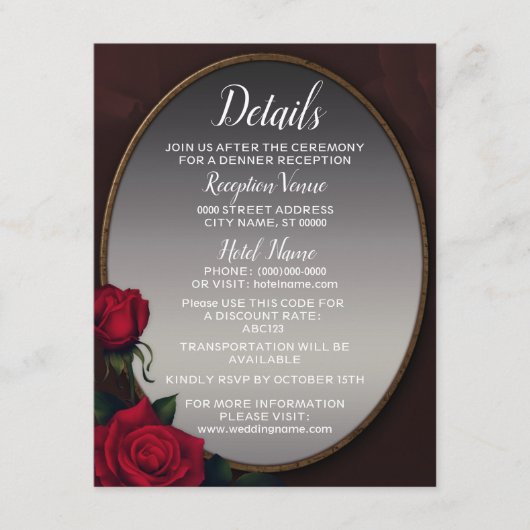 Wedding Red Blush Floral Silver Gray Mirror Detail Informatiekaartje (Voorkant)