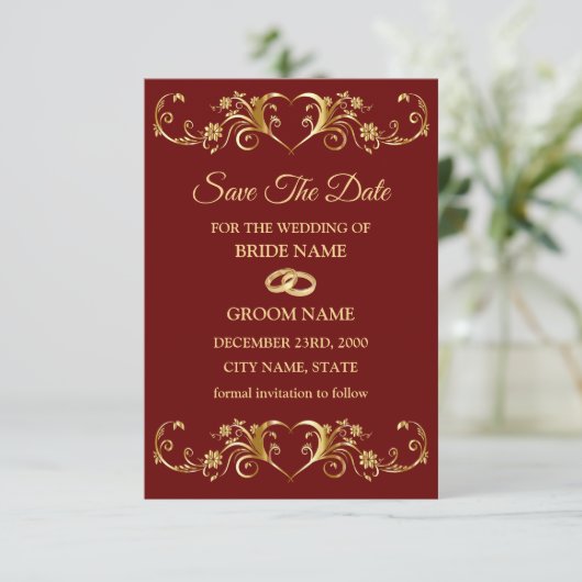 Wedding Red Golden Geometric Pattern Elegant Save The Date (Staand voorkant)