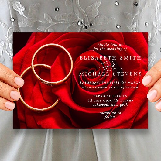 Wedding Red Rose Gold Rings Wedding Invitation Feestdagenkaart