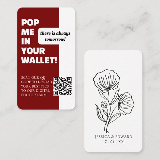 Wedding Red White Scan QR Code Fotoalbum Modern Visitekaartje (Voorkant / Achterkant)