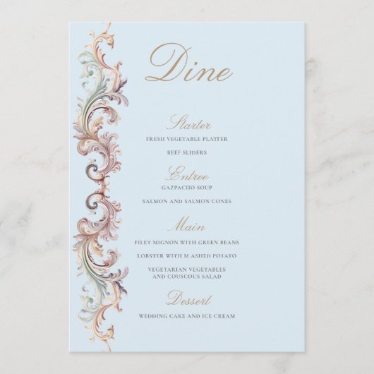 Wedding Regency Era Blauw Barok Crest Menu (Voorkant)