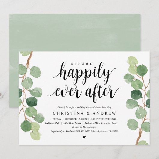 Wedding Rehearsal Dinner. Greenery Eucalyptus Kaart (Voorkant / Achterkant)