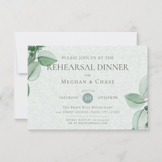 Wedding Rehearsal | Elegant Waterverf Eucalyptus Kaart (Voorkant)