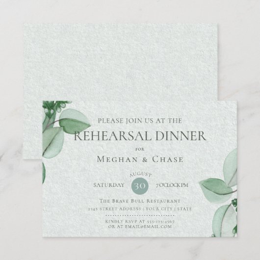 Wedding Rehearsal | Elegant Waterverf Eucalyptus Kaart (Voorkant / Achterkant)