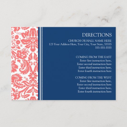 Wedding Richtkaart Coral Blue Damask Informatiekaartje (Voorkant)