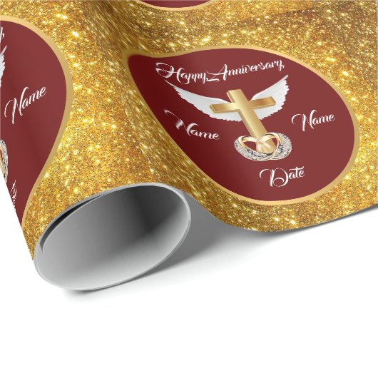 Wedding Rings Customize Gold Cross Anniversary Cadeaupapier (Rol Hoek)