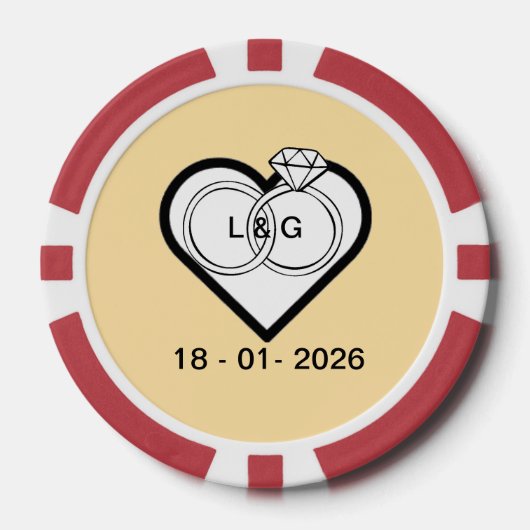 Wedding rings in a heart with date and Initials Poker Chips (Voorkant)