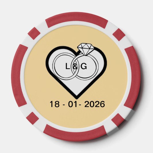 Wedding rings in a heart with date and Initials Poker Chips (Achterkant)