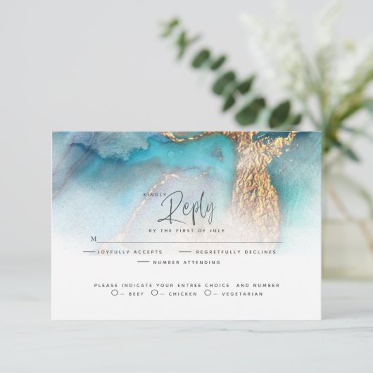 Wedding RSVP | Blauwgroen en goudAbstracte inkt (Staand voorkant)
