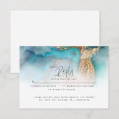 Wedding RSVP | Blauwgroen en goudAbstracte inkt (Voorkant / Achterkant)