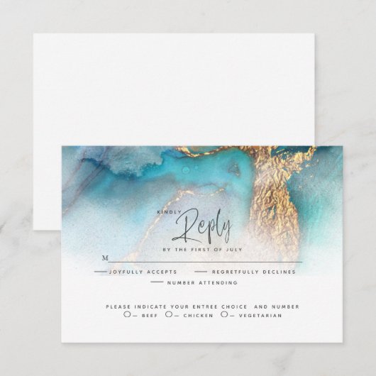 Wedding RSVP | Blauwgroen en goudAbstracte inkt (Voorkant / Achterkant)