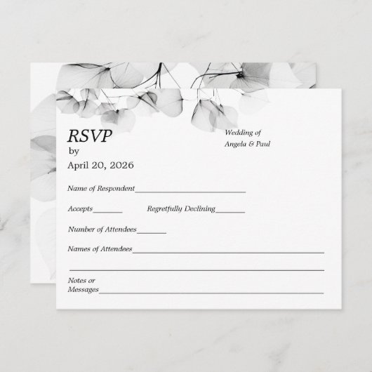 Wedding RSVP Card Soft Leaf Leaves  (Voorkant / Achterkant)