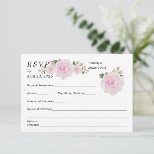 Wedding RSVP Card Soft Pink Roses  (Staand voorkant)