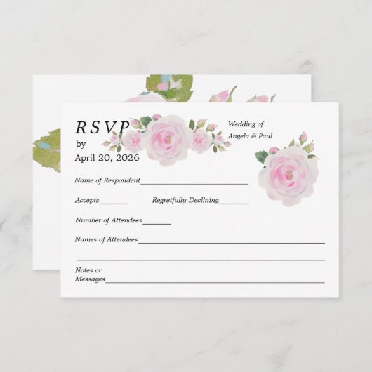 Wedding RSVP Card Soft Pink Roses  (Voorkant / Achterkant)