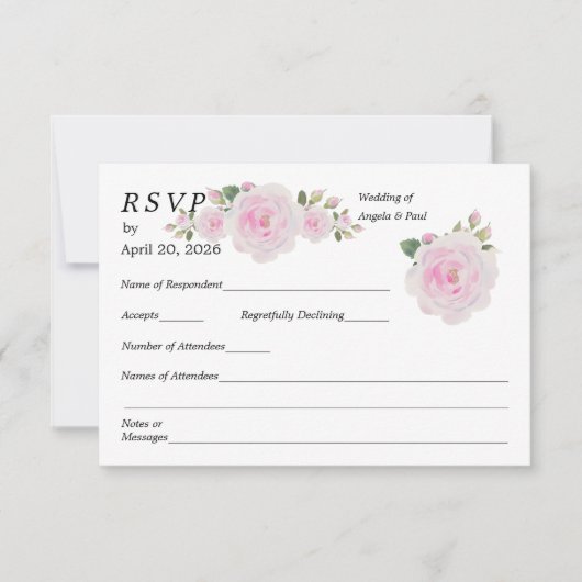 Wedding RSVP Card Soft Pink Roses  Kaartje (Voorkant)