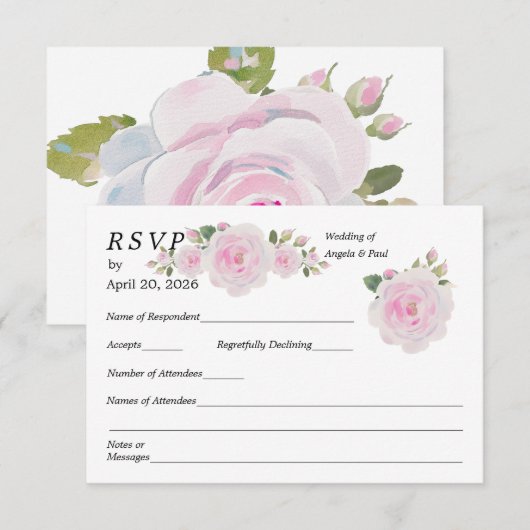 Wedding RSVP Card Soft Pink Roses  Kaartje (Voorkant / Achterkant)
