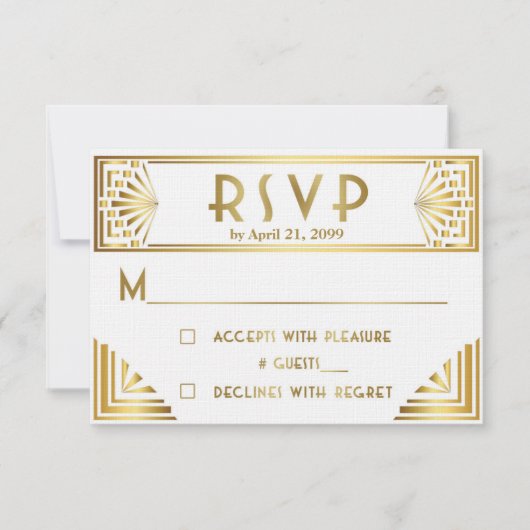 Wedding RSVP, Great Gatsby, goud op wit RSVP Kaartje (Voorkant)