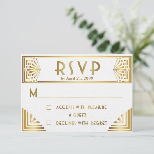 Wedding RSVP, Great Gatsby, goud op wit RSVP Kaartje (Staand voorkant)