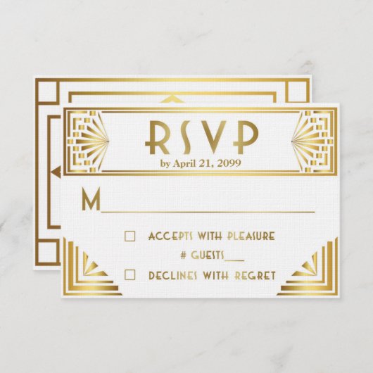 Wedding RSVP, Great Gatsby, goud op wit RSVP Kaartje (Voorkant / Achterkant)