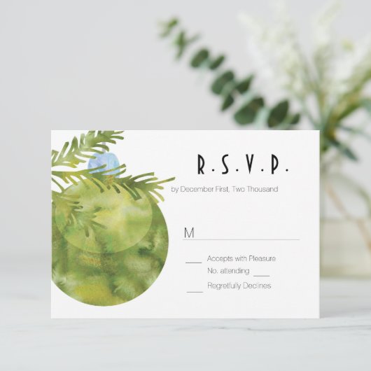 WEDDING RSVP, Groene kerstversiering RSVP Kaartje (Staand voorkant)