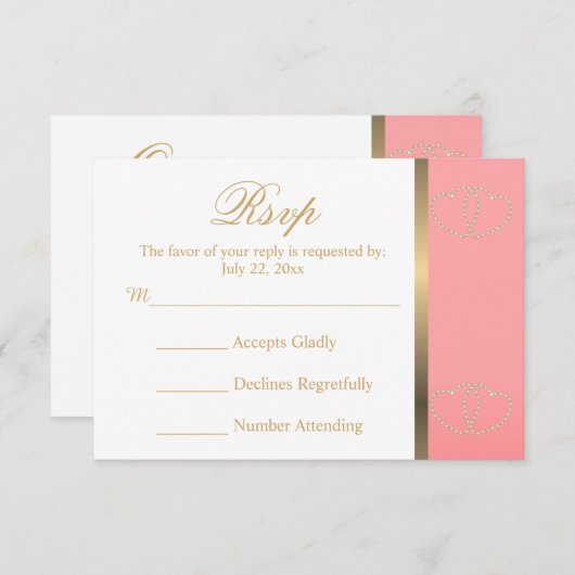 Wedding RSVP Kaart Koraal en Gouden Harten (Voorkant / Achterkant)