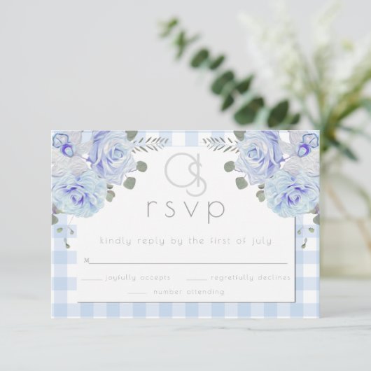 Wedding RSVP | Monogram Blue Gingham Floral (Staand voorkant)