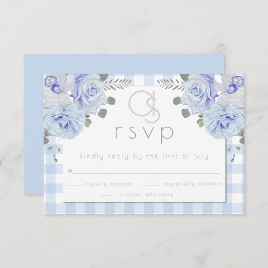 Wedding RSVP | Monogram Blue Gingham Floral (Voorkant / Achterkant)