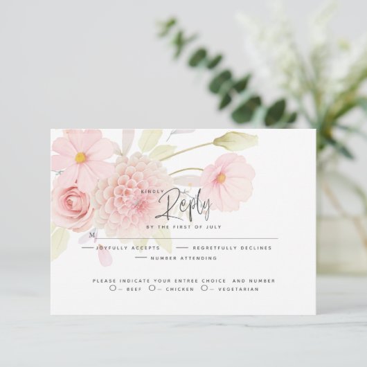 Wedding RSVP | Pastelroze bloemen (Staand voorkant)