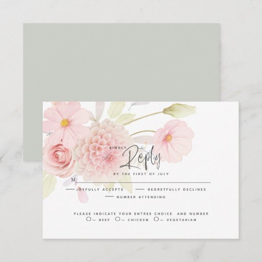Wedding RSVP | Pastelroze bloemen Kaartje (Voorkant / Achterkant)