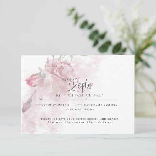 Wedding RSVP | Rustige Waterverf Dusty Pink Rose (Staand voorkant)