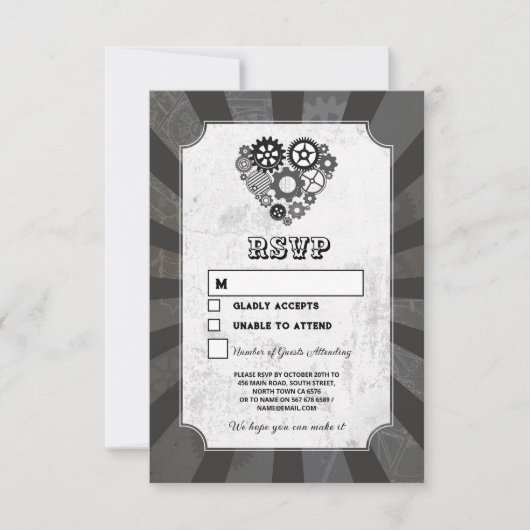 Wedding RSVP Steampunk Wedding Hearts Cogs Retro Kaart (Voorkant)
