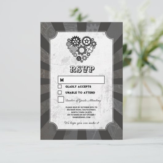 Wedding RSVP Steampunk Wedding Hearts Cogs Retro Kaart (Staand voorkant)