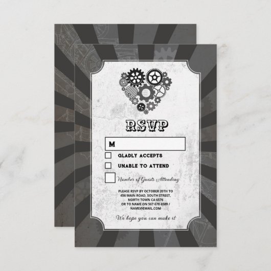 Wedding RSVP Steampunk Wedding Hearts Cogs Retro Kaart (Voorkant / Achterkant)