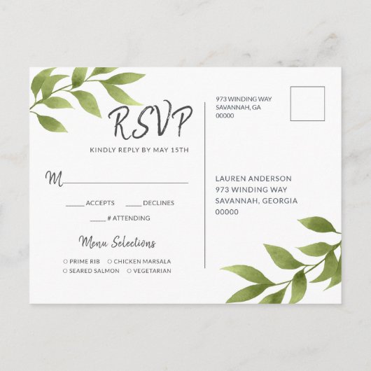 Wedding RSVP Waterverf Willow Krans Reageer Uitnodiging Briefkaart (Achterkant)