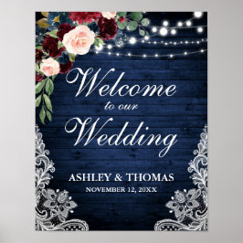 Wedding Rustic Blue Wood Lace Burgundy Blue Floral Poster