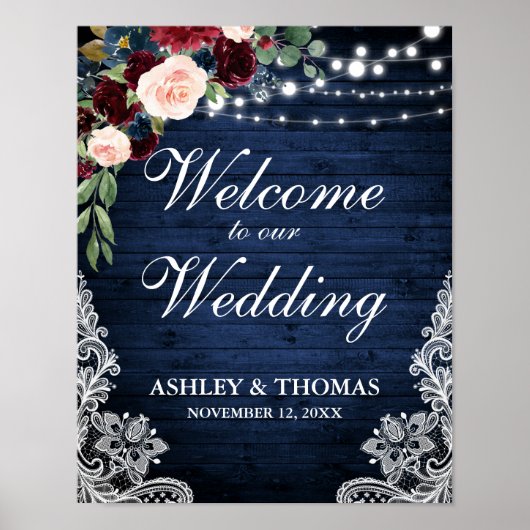 Wedding Rustic Blue Wood Lace Burgundy Blue Floral Poster (Voorkant)