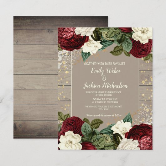 Wedding Rustic Burgundy Ivory Floral Kaart (Voorkant / Achterkant)
