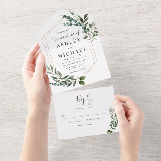 Wedding Rustic Geometric Green Nature Green Modern All In One Uitnodiging (Afscheurbaar)