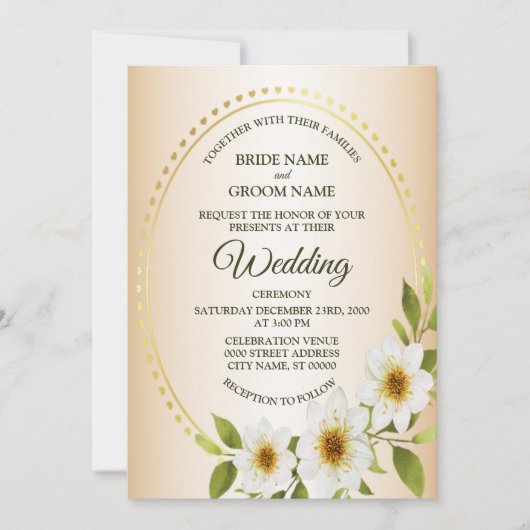 Wedding Rustic Golden Frame White Floral Peach Kaart (Voorkant)