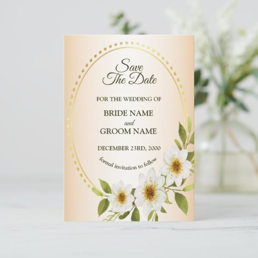Wedding Rustic Golden Frame White Floral Peach Save The Date (Staand voorkant)
