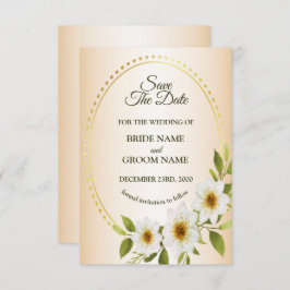 Wedding Rustic Golden Frame White Floral Peach Save The Date